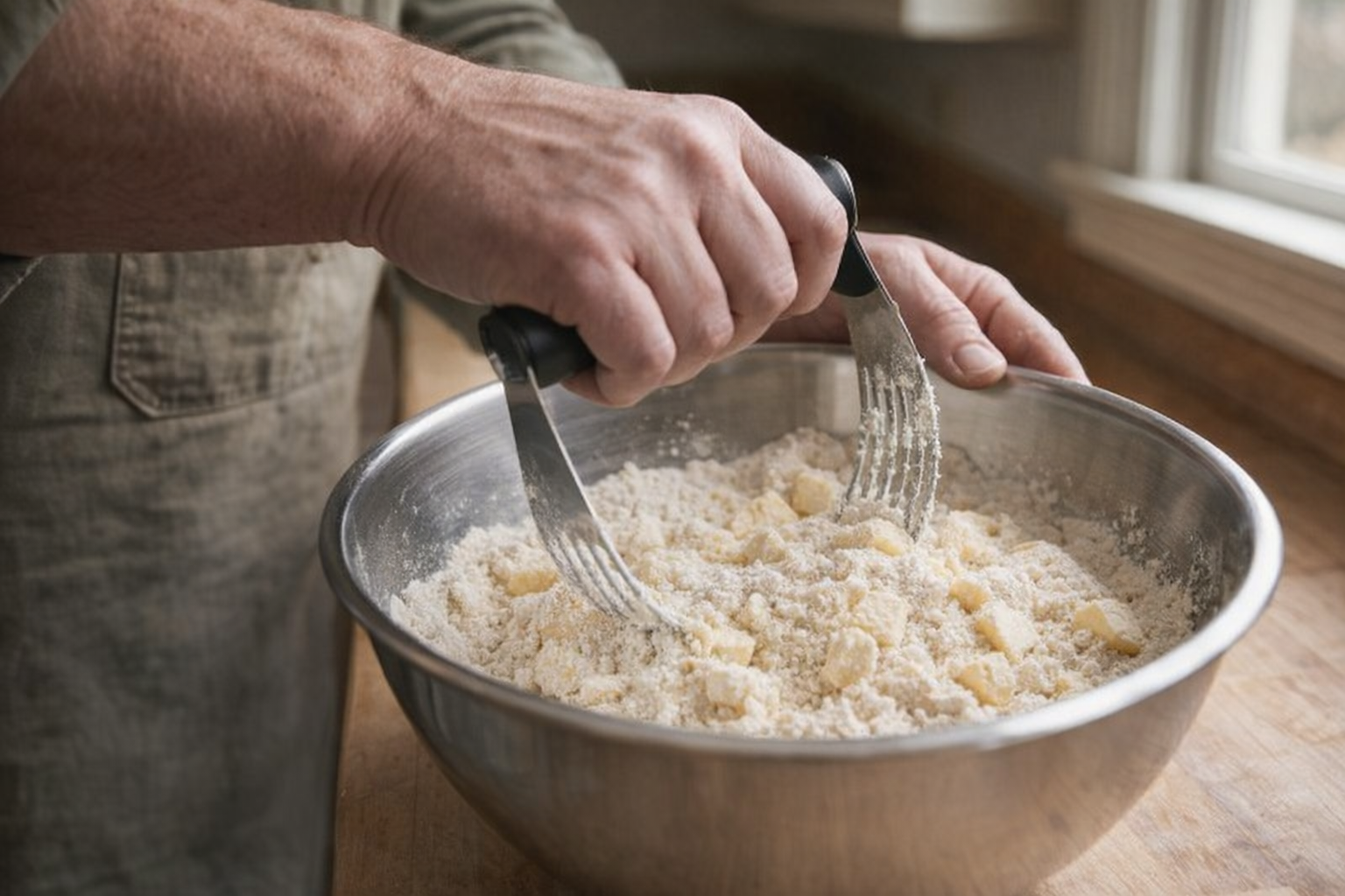 A side-angle shot of hands using a pastry blender to cut cold butter into flour in a stainless steel bowl, showcasing the coarse crumb texture, natural light from a nearby window